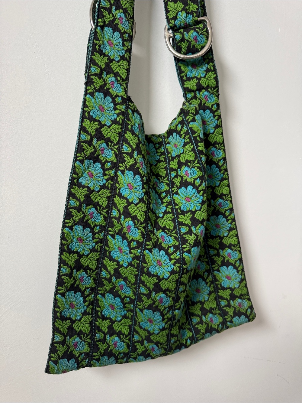 Vintage Handmade Floral Jacquard Shoulder Bag in Teal and Green